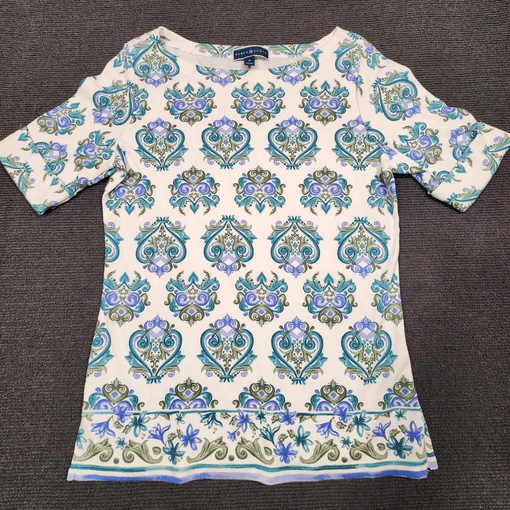 Karen Scott Top Women Medium White Blue Floral Short Sleeve Boat Neck Knit‎